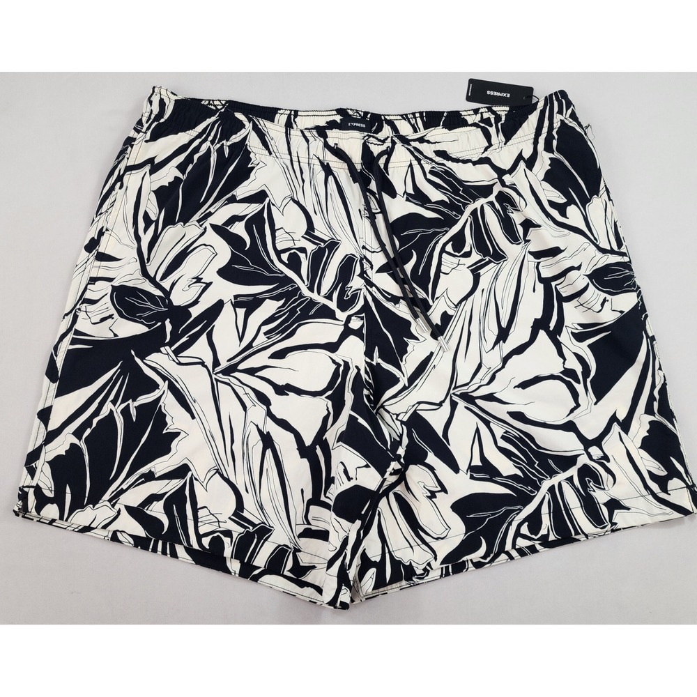 Express Mens Hybrid Swim Trunks XL Black White Floral Stretch Quick Dry 46698278